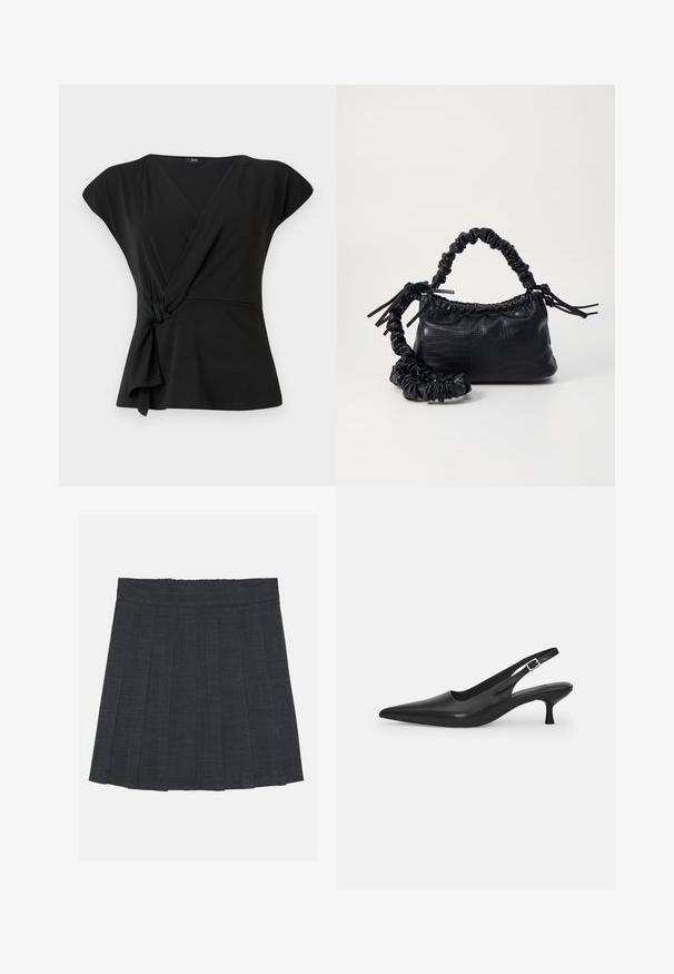 Svart wrap top med korta ärmar, med en knuten detalj vid midjan och ett mjukt, stretchigt tyg. V-ringad design.; Mörkgrå plisserad kjol med elastisk midja, med en texturerad tyg och en klassisk A-linjeform. Lämplig för avslappnad användning.; Svart läder slingback-sandalett med spetstopp och en smal, böjd klack. Har ett diskret justerbart rem med en metallspänne.; Svart faux läderhandväska med krokodiltextur, snodd topp och en skrämd rem. Ser mjuk och kompakt ut i designen.