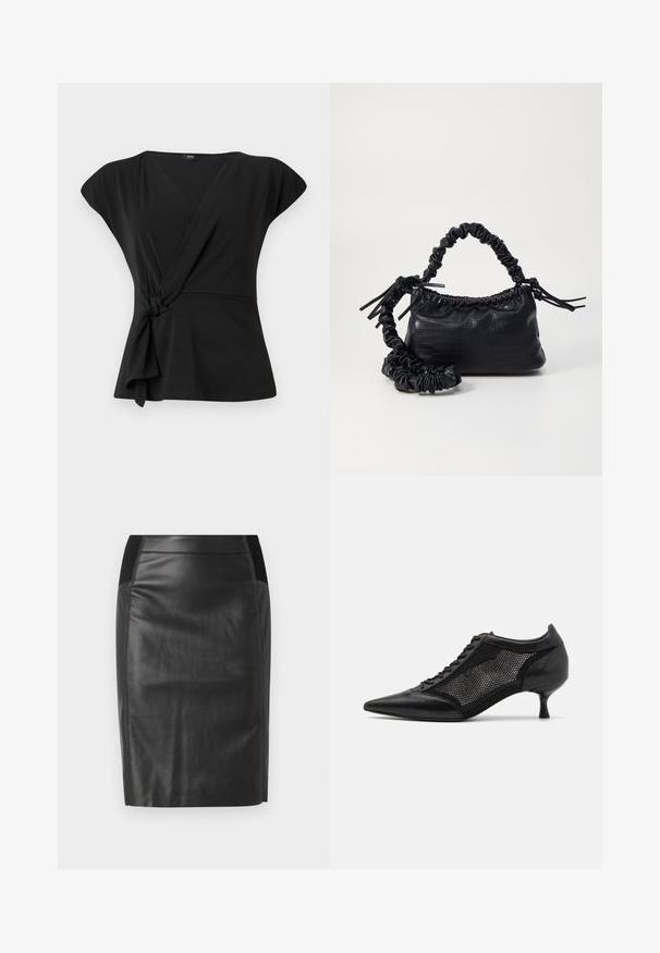 Top nero avvolgente con maniche corte, caratterizzato da un dettaglio annodato in vita e un tessuto morbido e elasticizzato. Design con scollo a V.; Gonna a tubino nera in pelle con un design aderente, texture liscia e dettagli con elastico sui lati. Orlo piatto nella parte inferiore.; Scarpa nera a punta con un design a pannello di rete, dotata di un tacco basso e lacci frontali. Realizzata in una combinazione di pelle e materiale a rete.; Borsa a tracolla in ecopelle nera con texture a coccodrillo, apertura cinchata e tracolla arricciata. Si presenta con un design morbido e compatto.