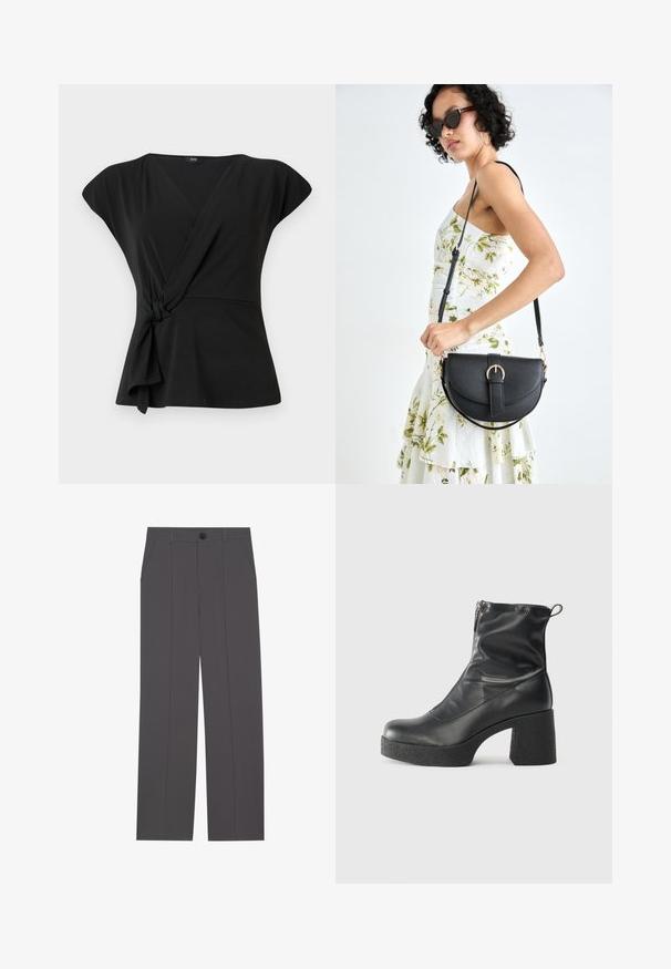 Mustapaitapusero lyhyillä hihoilla, jossa on solmittu yksityiskohta vyötäröllä ja sileä, joustava kangas. V-pääntie.; Harmaat housut, joissa on suora lahkeiden muotoilu, kahdella sivutaskulla ja nappisuljenta. Pehmeä kangas, jossa ei ole näkyviä kuvioita tai yksityiskohtia.; Mustat nilkkurit, jotka on valmistettu sileästä nahasta. Niissä on sivuvetoketju, paksu teksturoitu korko ja pyöristetty kärki.; Musta nahkainen käsilaukku, joka on kaareva muotoilultaan, irrotettavalla hihnalla ja kultaisilla yksityiskohdilla. Laukussa on läppä, jossa on solk yksityiskohta.