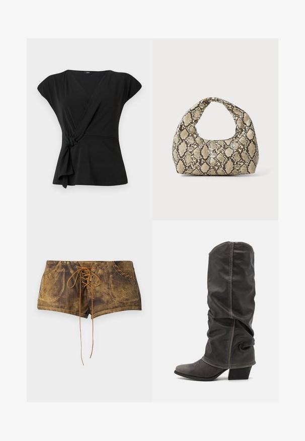 Zwarte wikkeltop met korte mouwen, met een geknoopt detail bij de taille en een gladde, rekbare stof. V-hals ontwerp.; Bruine vetershorts met een gestructureerd oppervlak en contrasterende tan veters. Voorzien van oogjes en een aansluitend ontwerp voor een snug uiterlijk.; Grijze leren laarzen tot de kuit met een slouchy ontwerp, spitse neus en gestapelde hak. Opmerkelijke stikdetails op het neusstuk.; Slangpatroon handtas met een gebogen handvat. Gemaakt van gestructureerde, beige en bruine materialen, met een kenmerkend ruitpatroon.