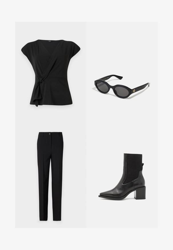 Fekete, rövidujjú body, amelynek a derekán csomózott rész található, sima, rugalmas anyagból készült. V-kivágású fazon.; Fekete, egyenes lábú, szabott nadrág, gombos záródással és övhurkokkal, sima anyagból készült.; Fekete bokacsizma hegyes orral, sima bőrből és elasztikus szövetből készült. Tömör sarokkal és minimalista dizájnnal rendelkezik.; Fekete ovális napszemüveg sötét lencsékkel és fényes műanyag kerettel. Aranyszínű logóval rendelkezik a szárán, amely elegáns és modern megjelenést biztosít.; Kék, mintás, szövetből készült kézitáska, ívelt formával, fekete bőr pánttal és világosabb árnyalatú logóval.