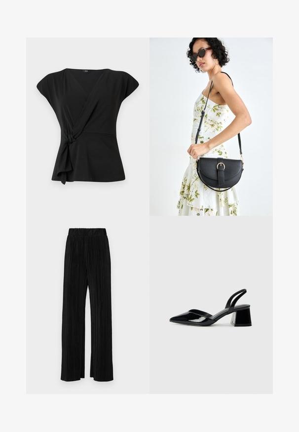 Sort indpakningsbluse med korte ærmer, der har en knude-detalje i taljen og et glat, stretchy stof. V-hals design.; Sorte plisserede bukser med elastisk talje. Har brede ben og et glat, tekstureret stof med lodrette striber.; Sorte patentlæder slingback hæle med spids tå og en geometrisk blok hæl. Har et elegant, minimalistisk design og en glat tekstur.; Sort læderhåndtaske med en buet form, aftagelig rem og guldfinish. Tasken har en klap med en spænde detalje.