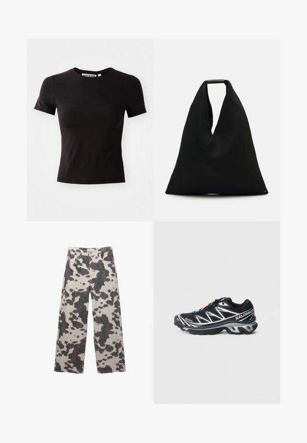 Čierne tričko s krátkym rukávom vyrobené z hladkej látky, s okrúhlym výstrihom a priliehavým strihom. Nálepka vo vnútri hovorí "WEEKDAY."; Biele nohavice s širokými nohavicami v béžovej farbe s hnedým vzorom kravskej kože. Majú zapínanie na gombík a dizajn s piatimi vreckami. Vyrobené z denimovej látky.; Čierna bežecká obuv so striebornými akcentmi, materiál GORE-TEX, textúrovaná podrážka a farebné šnúrky. Obsahuje polstrovanú pätu pre podporu.; Čierna textilná taška s unikátnym V-tvarom a hladkou textúrou. Obsahuje krátku rúčku s minimalistickými kovovými detailmi.