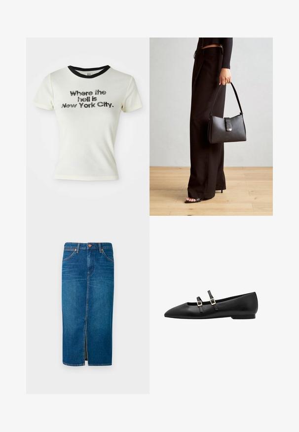 White cotton t-shirt with black crew neck. Graphic text reads, "Where the hell is New York City," in bold distressed lettering.; Denim midi skirt in deep blue with a front slit, five-pocket design, orange stitching, and a secured waistband with two metal buttons.; Black leather flat shoe with a pointed toe, featuring two black straps and gold square buckles. Smooth texture and low-profile sole.; Black handbag with structured shape, smooth texture, and a metallic clasp. Paired with wide black pants and open-toe sandals on wooden floor.