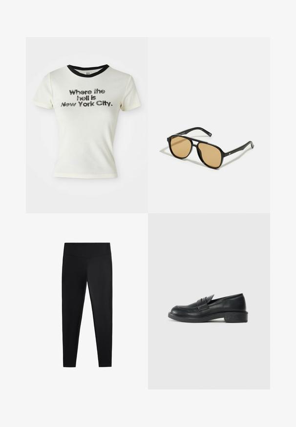 Hvid bomulds t-shirt med sort rund hals. Grafisk tekst lyder: "Hvor i helvede ligger New York City," i fed, slidt skrifttype.; Sorte leggings lavet af glat, strækbart stof. Har en bred talje og en tapered ben-design, velegnet til aktiv eller afslappet brug.; Sorte læder loafers med rund tå, stikninger og en lille hæl. Glat tekstur og en fleksibel gummisål.; Sorte solbriller med brune tonede linser; rektangulær form med en tyk ramme, herunder diskrete hardwaredetaljer på stængerne.