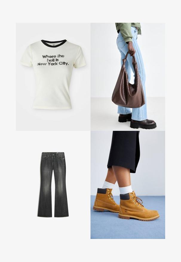 Hvid bomulds t-shirt med sort rund hals. Grafisk tekst lyder: "Hvor i helvede ligger New York City," i fed, slidt skrifttype.; Udflydende mørkegrå denimjeans med et falmet design, flere lommer og knaplukning. Har solid syning og en klassisk stil.; Tan ruskindsankelstøvler med brune læderdetaljer, guldøjer og en struktureret sål. Hvide sokker synlige over støvlerne.; Brun flettet læder totepose med knyttede håndtag, båret af en person i lyseblå jeans og sorte chunky sko. Glat, struktureret overflade.