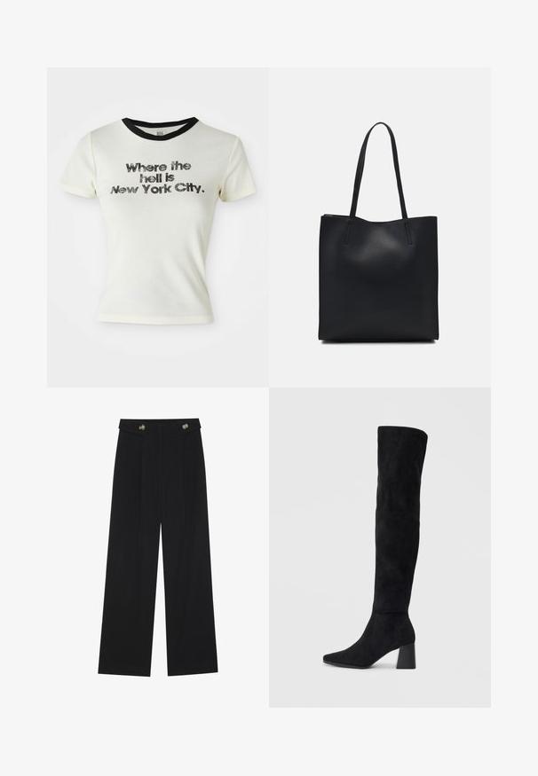 Bijela pamučna majica s crnim okruglim izrezom. Grafički tekst glasno i oštro glasi: "Gdje je dovraga New York City?"; Crne hlače širokih nogavica s visokim strukom, s dugmadi na pojasu i prednjim nabora.; Crne antilop čizme do koljena s blok potpeticom, šiljastim prstom i glatkim, bešavnim dizajnom na običnoj svijetloj pozadini.; Crna kožna torba za nošenje s glatkom teksturom, pravokutnim oblikom i dvije duge ručke. Nema vidljivih metalnih dijelova ili ukrasa.