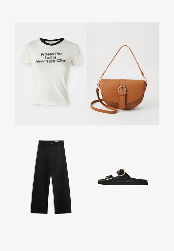 Biała bawełniana koszulka z czarnym okrągłym dekoltem. Graficzny tekst brzmi: "Gdzie do cholery jest Nowy Jork?" w wyraźnej, postarzanej czcionce.; Czarne dżinsowe spodnie o szerokich nogawkach i wysokim stanie, z przednimi i tylnymi kieszeniami, przeszyciami oraz zapięciem na guziki. Gładka struktura.; Czarne klapki z dwoma złotymi klamrami, gładki materiał, płaska podeszwa i minimalistyczny design.; Brązowa skórzana torba na ramię o zaokrąglonym kształcie, ze złotymi akcentami i zapięciem w formie klamry. Posiada odpinany pasek na ramię.