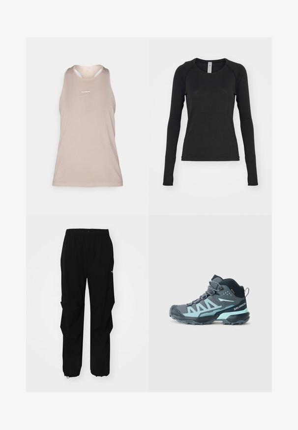 Svetlo béžový bezrukávový športový top s mriežkovou textúrou, okrúhlym výstrihom a malým logom vpredu. Hladká látka, ľahký dizajn.; Čierna dlhá poloha v rôznej dĺžke, vyrobená z mäkkého materiálu. Má okrúhly výstrih a raglanové rukávy s otvormi na palce na manžetách. Minimalistický dizajn.; Čierne vonkajšie nohavice vyrobené z odolného materiálu, s voľným strihom, elastickým pásom a sťahovacími manžetami pre nastaviteľnú dĺžku.; Pohodlné turistické topánky stredného strihu v tmavošedej farbe s svetlomodrými akcentmi. Majú textúrovaný zvršok, zosilnenú špičku a robustnú podrážku pre lepšiu priľnavosť.