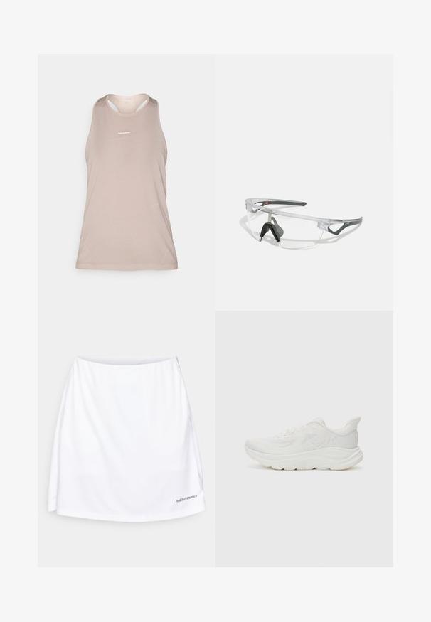 Jasno beżowy bezrękawnik sportowy z siateczkową teksturą, okrągłym dekoltem i małym logo z przodu. Gładki materiał, lekka konstrukcja.; Biała sportowa spódnica o gładkiej fakturze, z szerokim pasem i logo w dolnym prawym rogu. Charakteryzuje się luźnym krojem dla większego komfortu.; Białe buty biegowe z teksturowaną siateczkową cholewką, wyściełanym kołnierzem, grubą podeszwą środkową i kauczukową podeszwą zewnętrzną. Zawierają detal z logo po bokach.; Przezroczyste okulary ochronne z lekką, przezroczystą ramką i szarymi akcentami. Posiadają opływowy kształt oraz regulowany nosek.