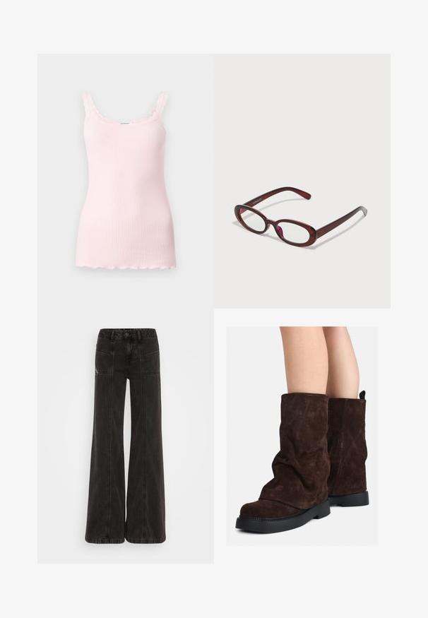 Top de alças em rosa claro, com textura canelada e bordas em ondas. Textura suave, design ajustado e bainha reta na parte inferior.; Calças de ganga largas e pretas, com uma cintura alta, bolsos frontais e costuras tonais ao longo das costuras.; Botas marrons em camurça até a metade da panturrilha com solas de borracha pretas, usadas sobre pernas nuas, mostrando ligeiras rugas nos canos das botas.; Óculos de sol vermelhos em forma oval com lentes transparentes e armação fina castanha. O design apresenta curvas subtis e hardware minimalista.