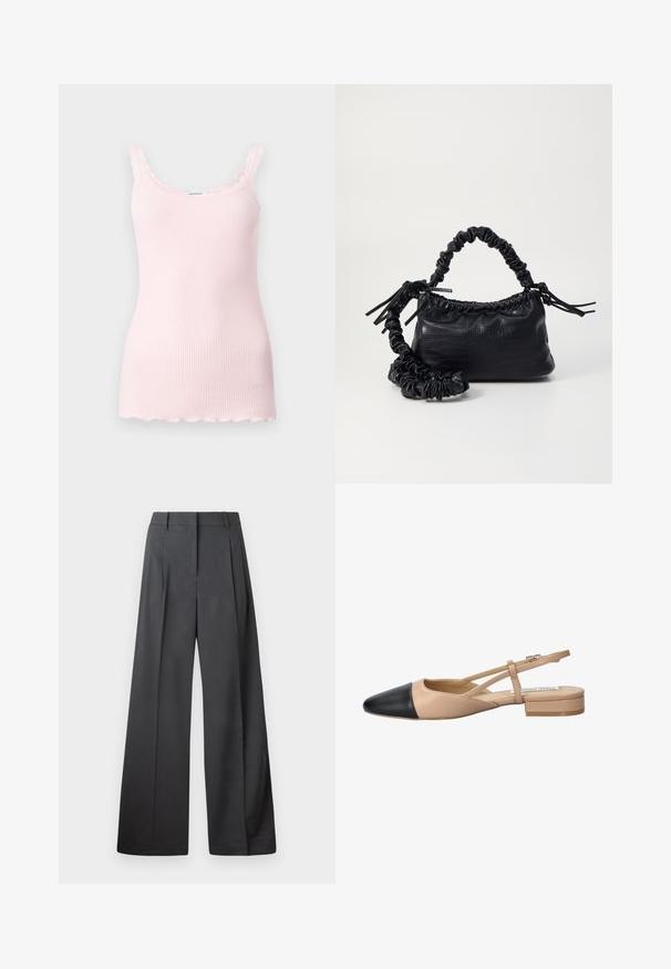 Top in jersey rosa chiaro con costine, bordi scallop e spalline regolabili. Tessuto morbido, design aderente e orlo dritto alla base.; Pantaloni a gamba larga in tessuto grigio scuro, con vita alta, pieghe singole e una texture liscia con una finitura pulita sui orli.; Scarpa slingback bicolore beige e nera con punta affilata, tacco piatto e dettaglio a fascia incrociata. Texture in pelle liscia.; Borsa a tracolla in ecopelle nera con texture a coccodrillo, apertura cinchata e tracolla arricciata. Si presenta con un design morbido e compatto.