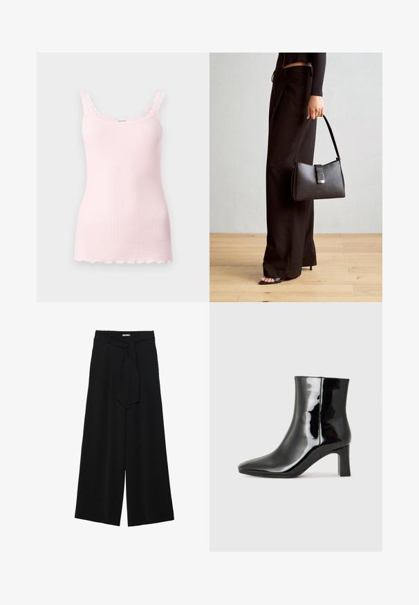 Svetlo roza rebrasti top s valovitim robom in nastavljivimi naramnicami. Mehka tekstura, oprijet kroj in raven rob na dnu.; Črne široke hlače iz teksturirane tkanine, z elastičnim pasom in odstranljivim trakom na pasu za prilagodljivo prileganje.; Črne lakirane gležnjarje z ošiljenim nosom in srednje visokim blokastim peto. Gladka tekstura in minimalističen dizajn.; Črna torbica z strukturirano obliko, gladko teksturo in kovinskim zaponko. Ujemajo se z širokimi črnimi hlačami in odprtimi sandali na lesenem tleh.