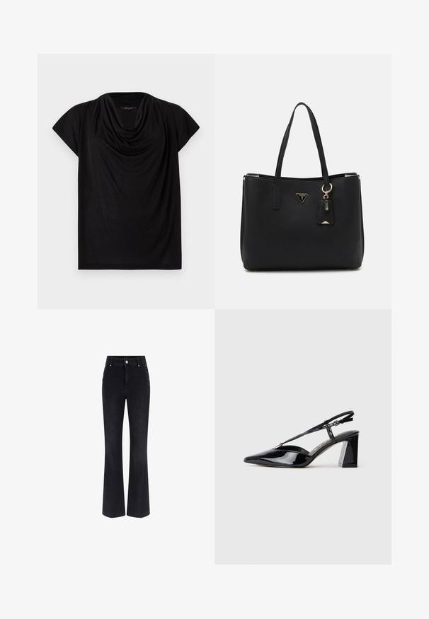 Top nero a maniche corte con scollo a cowl drappeggiato. Realizzato in tessuto morbido e leggero, presenta una vestibilità ampia e una texture liscia.; Jeans a zampa d'elefante in denim nero con vita alta, design a cinque tasche e dettagli metallici sui lati. Tessuto morbido e vestibilità classica.; Scarpe con tacco alto in vernice nera, con punta appuntita, cinturino regolabile e tacco rettangolare chunky.; Borsa tote nera realizzata in materiale sintetico testurizzato, dotata di due manici, una placca con logo dorato e un piccolo cartellino con un dettaglio di accentuazione.