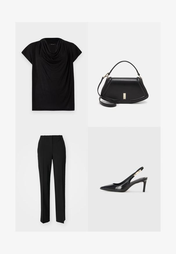 Black short-sleeve top with a draped cowl neckline. Made of soft, lightweight fabric, featuring a loose fit and smooth texture.; Black tailored trousers with a straight-leg design, featuring a smooth texture and crisp creases along the front. No visible hardware.; Black leather slingback high-heeled shoe with a pointed toe, smooth texture, and a narrow ankle strap featuring gold hardware accents.; Black leather handbag with a structured design, featuring a cropped shape, top handle, and gold hardware accent. Adjustable shoulder strap included.