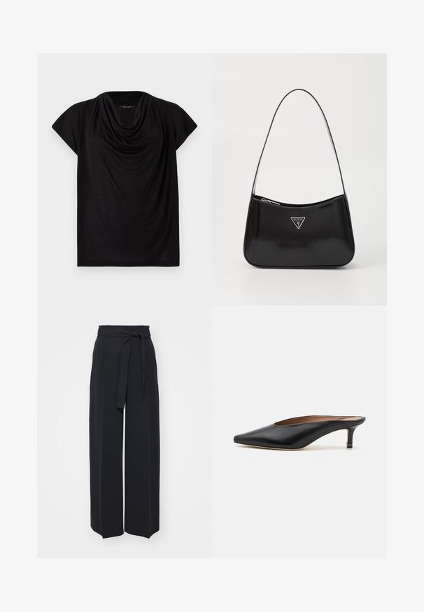 Black short-sleeve top with a draped cowl neckline. Made of soft, lightweight fabric, featuring a loose fit and smooth texture.; Wide-leg black trousers made of soft fabric. Features a belted waistband and front pleats. Smooth texture with a clean, contemporary design.; Black leather mules with a pointed toe and low, block heel. Smooth texture with a sleek design. Open back with minimal detailing.; Black patent leather shoulder bag with a curved shape, featuring a silver triangle logo and a zipper closure. Smooth texture and slim strap.