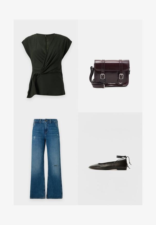 Haut enveloppant vert foncé en tissu doux, avec un décolleté en V et des manches courtes, comprenant un détail noué sur le côté et une fermeture éclair dissimulée au dos.; Jean en denim bleu à jambes larges avec une texture délavée, présentant deux zones usées sur le devant, une fermeture à bouton et un design à cinq poches.; Ballerines noires en cuir avec un bout pointu, une attache à la cheville et une semelle plate, caractérisées par une texture lisse et un design minimaliste.; Sac à bandoulière en cuir verni bordeaux, de forme rectangulaire, avec deux bandoulières, des accessoires en argent et une fermeture à rabat.