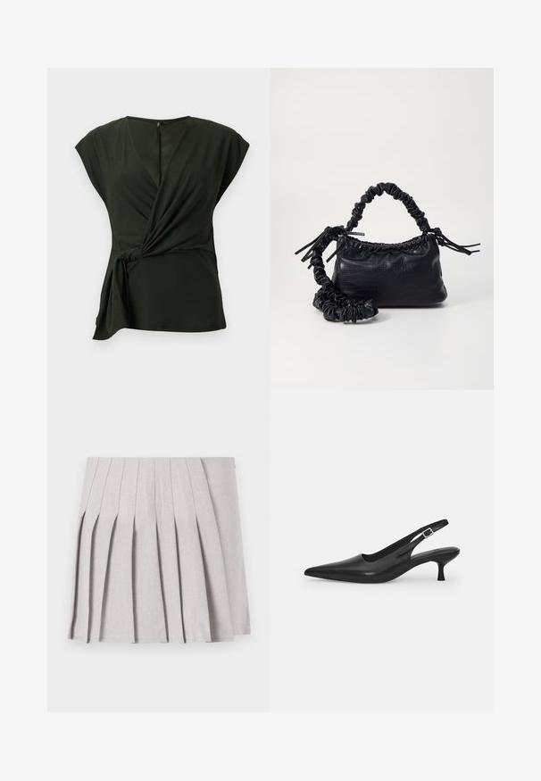Top avvolgente verde scuro realizzato in morbido tessuto, presenta una scollatura a V e maniche a cappuccio, con un dettaglio legato sul lato e una zip nascosta sul retro.; Gonna pieghettata grigia con una texture liscia, caratterizzata da molteplici pieghe verticali e una vita aderente. Realizzata in un tessuto leggero.; Scarpa slingback nera in pelle con punta affusolata e tacco sottile e curvato. Presenta una discreta fascia regolabile con una fibbia in metallo.; Borsa a tracolla in ecopelle nera con texture a coccodrillo, apertura cinchata e tracolla arricciata. Si presenta con un design morbido e compatto.