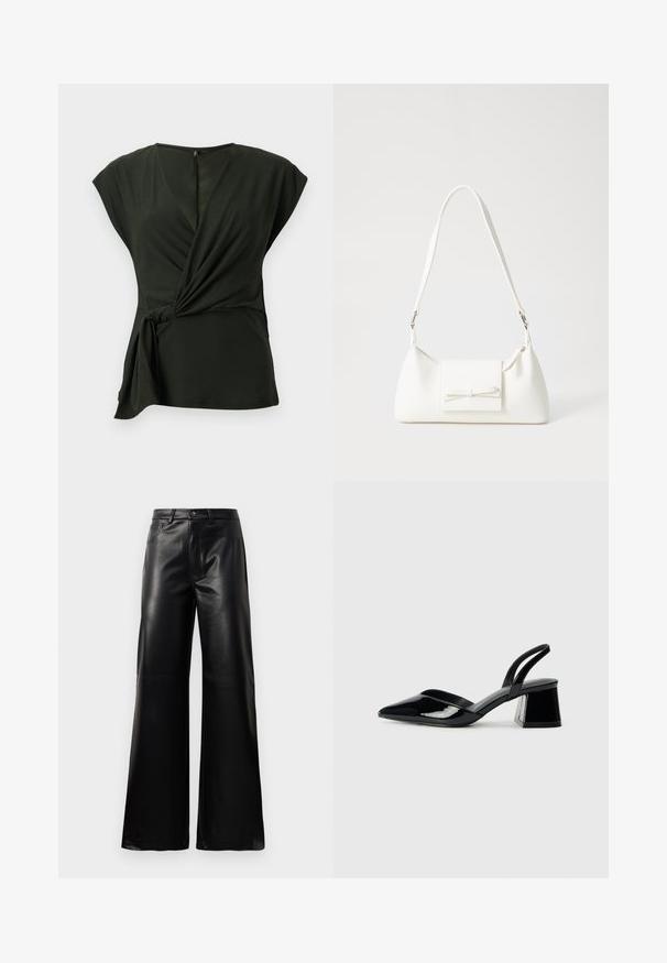 Donkergroene wikkeltop gemaakt van zachte stof, heeft een V-halslijn en kapmouwen, met een knoopdetail aan de zijkant en een verborgen rits aan de achterkant.; Zwarte high-waisted wide-leg neplederen broek met een voorste knoop, ritssluiting, riemlussen en zijzakken op een witte achtergrond.; Zwarte gepatineerde leren slingback hakken met een spitse neus en een geometrische blokhak. Kenmerkt zich door een slank, minimalistisch ontwerp en een gladde textuur.; Witte synthetische handtas met een driehoekige vorm, platte voorklep en strikdetail, verstelbare schouderriem, gladde textuur en minimalistisch ontwerp.