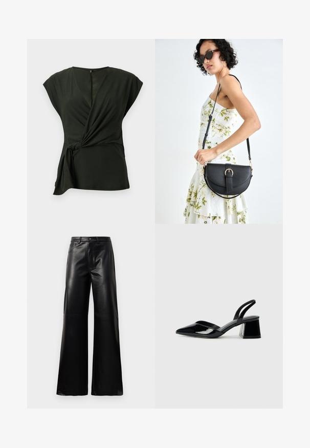 Top avvolgente verde scuro realizzato in morbido tessuto, presenta una scollatura a V e maniche a cappuccio, con un dettaglio legato sul lato e una zip nascosta sul retro.; Pantaloni ampi a vita alta in ecopelle neri con bottone frontale, chiusura con zip, passanti per cintura e tasche laterali su sfondo bianco.; Décolleté in vernice nera con punta affusolata e tacco in geometria cubica. Presentano un design elegante e minimalista, con una texture liscia.; Borsa a tracolla nera in pelle con una forma curva, manico rimovibile e accessori dorati. La borsa presenta una patta con un dettaglio a fibbia.