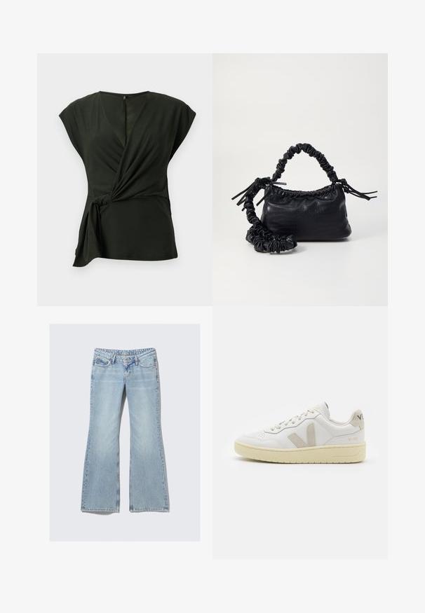 Top închis la culoare, realizat dintr-un material moale, cu decolteu în V și mâneci scurte, având un detaliu legat pe lateral și un fermoar ascuns la spate.; Weekday NOVA - Blugi slim fit - lip blue; Pantofii sport din piele albă cu accente din suede bej, cutie pentru degete perforată, șireturi plate și o talpă texturată de crem. Prezintă branding subtil pe călcâi.; Geantă din faux leather neagră cu textură de crocodil, cu partea superioară strânsă și o curea mototolită. Pare moale și compactă ca design.