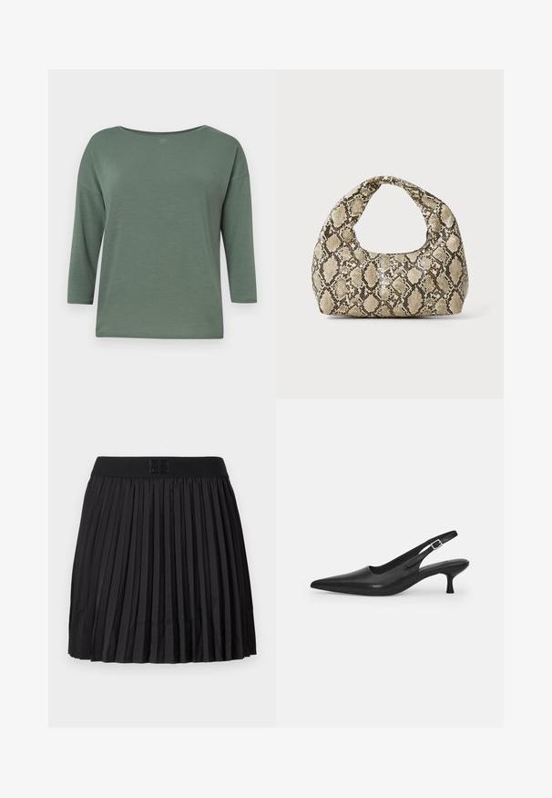 Green, lightweight top with a wide neckline, three-quarter sleeves, and a relaxed fit. Smooth texture with minimal stitching details.; Black pleated skirt with a smooth texture, featuring a solid black waistband and an embossed logo detail at the front.; Black leather slingback shoe with a pointed toe and a slim, curved heel. Features a discrete adjustable strap with a metal buckle.; Snake-print handbag with a curved handle. Made from textured, beige and brown materials, featuring a distinctive diamond pattern.