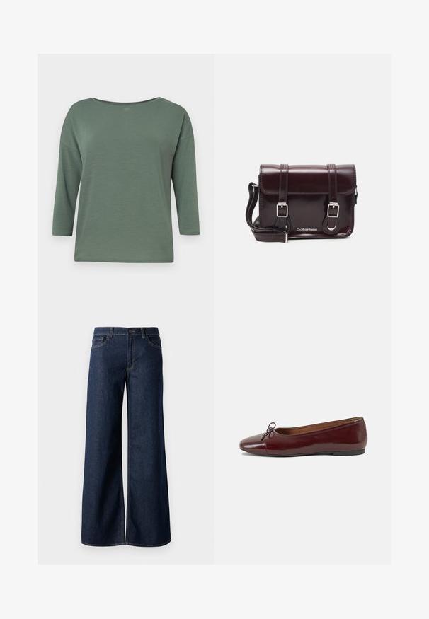 Zöld, könnyű felső széles nyakkivágással, háromnegyedes ujjal és laza szabással. Simás textúra minimális varrási részletekkel.; Sötét kék farmer széles lábú nadrág. Kontrasztos varrással, öt zsebhálóval és gombos derékzárással rendelkezik. Simás textúra.; Burgundi lakkbőr balettcipő kerek orral, elöl kis masni díszítéssel és alacsony, fekete gumi talppal. Simára csiszolt felület.; Burgundy lakkbőr keresztpántos táska téglalap alakú, két pánttal, ezüst színű szerelvényekkel és fedélzárral.