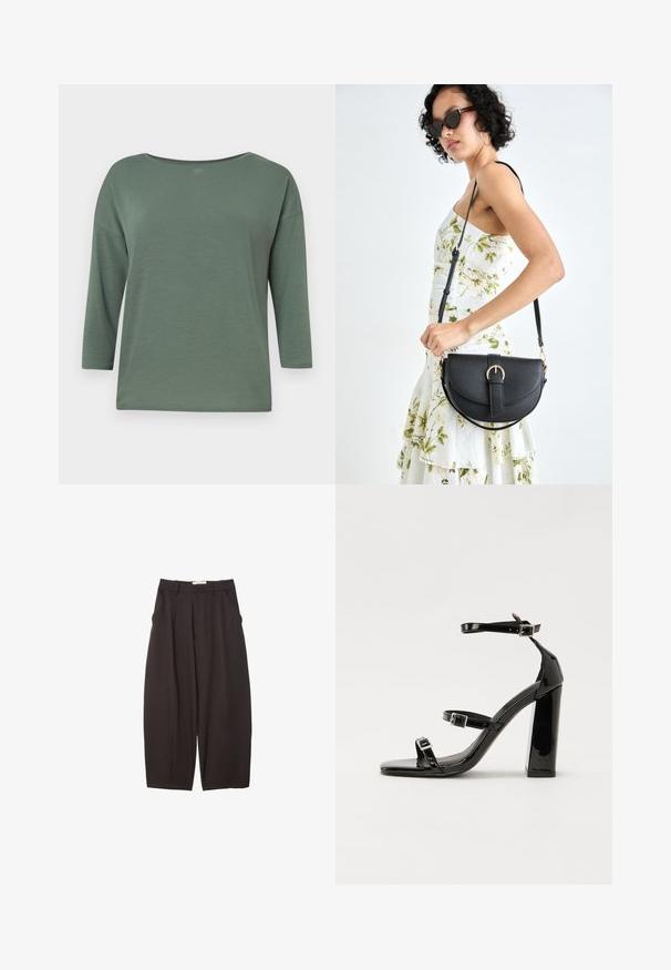 Grünes, leichtes Oberteil mit weitem Ausschnitt, Dreiviertelärmeln und lockerer Passform. Glatte Textur mit minimalen Nähdetails.; Schwarze weit geschnittene Hosen aus einem glatten Stoff, mit hoher Taille, Frontfalten und Seitentaschen. Schlichtes Design ohne Verzierungen.; Schwarze Lackleder-Sandalen mit hohen Absätzen, zwei Riemen mit Schnallen, quadratischer Zehenpartie und klobigem Blockabsatz, mit einer glatten, glänzenden Textur.; Schwarze Lederhandtasche mit geschwungener Form, abnehmbarem Tragegurt und goldenen Beschlägen. Die Tasche verfügt über einen Deckel mit einer Schnallen-Details.