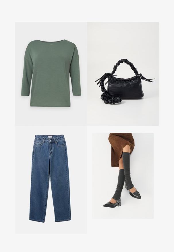 Zelený, ľahký top so širokým výstrihom, rukávmi po tri štvrtiny a voľným strihom. Hladká textúra s minimálnymi švovými detailmi.; Klasické modré džínsy z denimu so strihom rovného strihu, piatimi vreckami a zapínaním na gombík. Majú stredné praním a pevnú textúru.; Čierne lakované kožené topánky s špicatou špičkou, blokovým podpätkom a členkovým remienkom, ktoré sú kombinované so šedými rebrovanými legínami a hnedou zamšovou sukňou.; Čierna umelá kožená kabelka s kroko vzorom, sťahovaným vrchom a zhnutým popruhom. Vyzerá mäkko a kompaktné v dizajne.