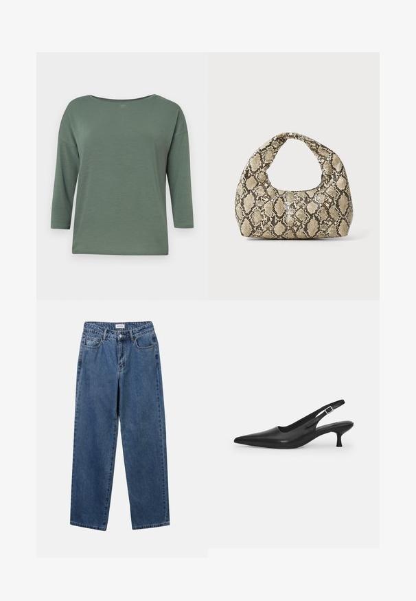 Roheline, kerge pluus laia kaelusega, kolmeveerandi varrukate ja vaba lõikega. Sile tekstuur minimaalse õmblemisega detailideks.; Klassikalised sinised denimists teksad otsejalaga disainiga, viie taskuga ja nööbisuletusega. Omab keskmist pesu ja tugevat tekstuuri.; Mustmustast musta nahast slingback king, millel on terav varvas ja kitsas, kumer konts. Omab diskreetset reguleeritavat rihma metallist pandlaga.; Musta käärmeprindiga kott kõveraga käepidemega. Valmistatud tekstiilsetest, beežidest ja pruunidest materjalidest, millel on iseloomulik rombikujuline muster.