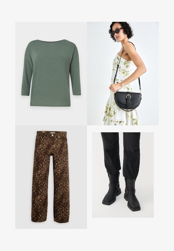 Zielona, lekka bluzka z szerokim dekoltem, rękawami o długości trzy czwarte i luźnym krojem. Gładka tekstura z minimalnymi detalami przeszyć.; Jeans w szerokich nogawkach w panterkę w brązowym i kremowym kolorze. Wykonane z denimu, z klasycznym pięciopocketowym fasonem i metalowymi detalami.; Czarne skórzane botki za kostkę z kwadratowym noskiem, z szerokim paskiem i metalowym zapięciem. Botki mają masywną podeszwę i gładką fakturę.; Czarna skórzana torebka o zakrzywionym kształcie, z odpinanym paskiem i złotymi akcentami. Torebka posiada klapę z zapięciem w kształcie klamry.