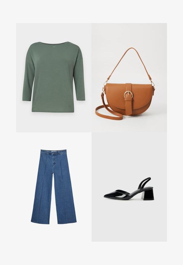 Zeleni, lagani top s širokim izrezom, rukavima do tri četvrtine i opuštenim krojem. Glatka tekstura s minimalnim detaljima šivanja.; Široke traperice u srednje plavoj boji, s visokim strukom, zatvaranjem na dugme i kontrastnim vertikalnim šavovima duž prednje strane.; Crne lakirane kožne sandale s otvorenom petom i špicastim vrhom, s geometrijskom blok petom. Imaju elegantan, minimalistički dizajn i glatku teksturu.; Smeđa kožna torba preko tijela s zakrivljenim oblikom, zlatnim metalnim detaljima i naglaskom na kopču. Ima odvojivu naramenicu.
