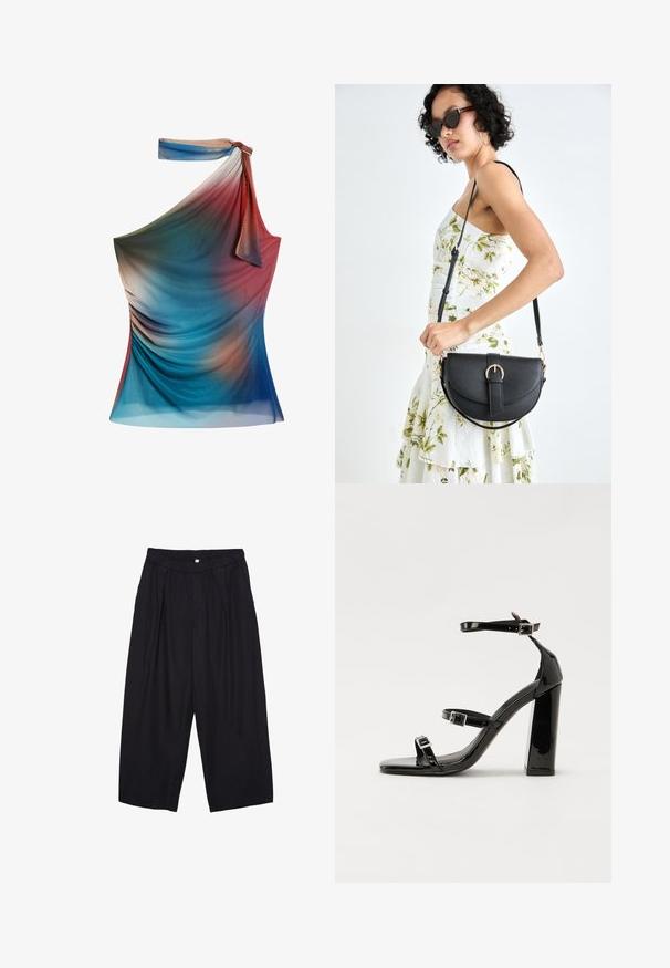 Asymetryczny top na jedno ramię w gradientowych kolorach niebieskim, czerwonym i brzoskwiniowym, wykonany z lekkiego, teksturowanego materiału z marszczeniem.; Czarne spodnie culotte z poliestru z elastycznym pasem, dwoma fałdami z przodu i luźnym krojem. Brak widocznych wzorów lub elementów metalowych.; Czarne lakierowane sandały na obcasie z kwadratowym noskiem, z paskami wokół kostki i srebrnymi klamrami. Posiadają masywny słupek dla stabilności.; Czarna skórzana torebka o zakrzywionym kształcie, z odpinanym paskiem i złotymi akcentami. Torebka posiada klapę z zapięciem w kształcie klamry.