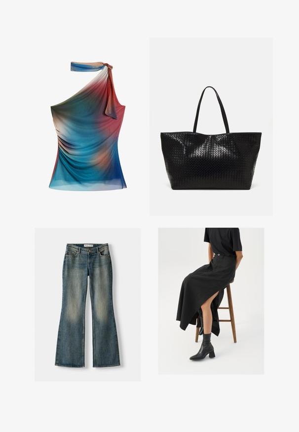 Asymmetrisches Ein-Schulter-Top in einem Farbverlauf aus Blau, Rot und Pfirsich, gefertigt aus leichtem, strukturiertem Stoff mit drapierten Details.; Blaue Schlagjeans mit einem ausgewaschenen Look, fünf Taschen und einem Knopfverschluss. Das Material zeigt eine Denim-Textur mit dezenten Stickdetails.; Schwarzer Leinen-Maxi-Rock mit hohem Schlitz, getragen mit einem schwarzen T-Shirt und schwarzen Knöchelstiefeln. Minimalistisches Design mit lockerer Passform.; Schwarze geflochtene Tragetasche mit zwei stabilen Griffen, die eine glänzende Textur und ein geräumiges offenes Design bietet.