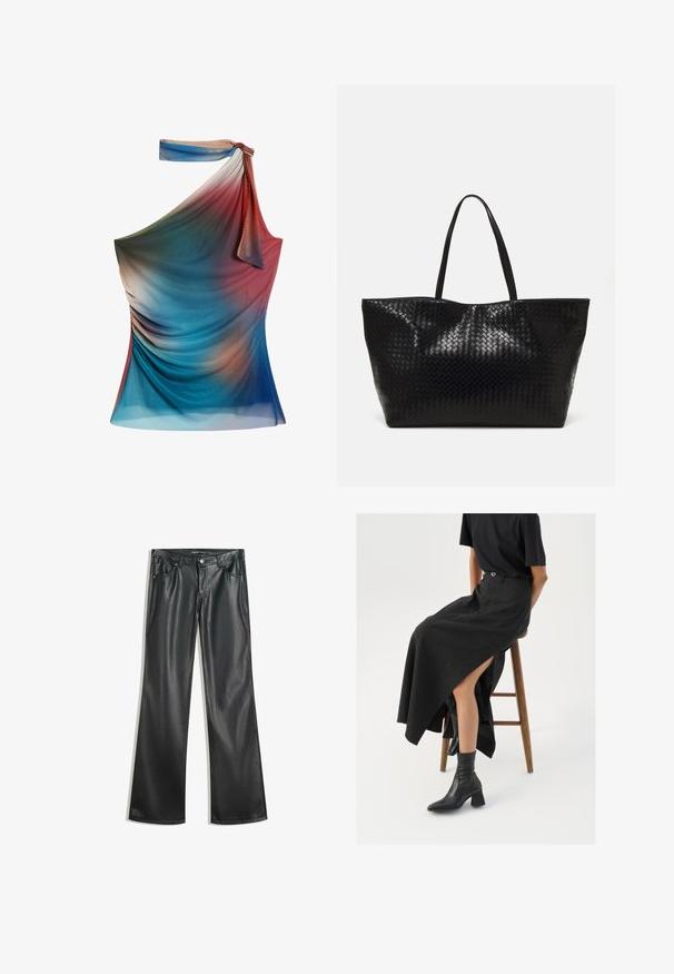 Asymmetrische top met één schouder in kleurverloop van blauw, rood en perzik, gemaakt van lichte, gestructureerde stof met gedrapeerde details.; Zwarte nep leren flared broek met een gladde textuur, vijf zakken, ritssluiting aan de voorkant en contrasterende stiksels.; Zwarte linnen maxi rok met een hoge split, gedragen met een zwart T-shirt en zwarte enkellaarsjes. Minimalistisch ontwerp met een relaxte pasvorm.; Zwarte geweven schoudertas met twee stevige handvatten, met een glanzende textuur en een ruime open bovenkant.