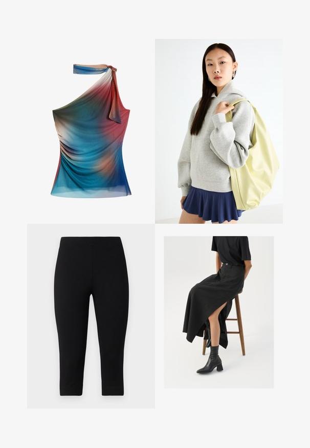 Top asimmetrico a spalla unica con colori sfumati di blu, rosso e pesca, realizzato in tessuto leggero e testurizzato con dettagli drappeggiati.; Leggings capri neri realizzati in materiale elasticizzato, con una vestibilità aderente e una texture liscia, privi di motivi o accenti prominenti.; Gonna maxi in lino nera con uno spacco alto, indossata con una t-shirt nera e stivaletti neri. Design minimalista con una vestibilità rilassata.; Felpa grigia oversize con tasca a marsupio, abbinata a una gonna svasata blu navy. Accessorio: grande zaino giallo chiaro, di texture liscia.