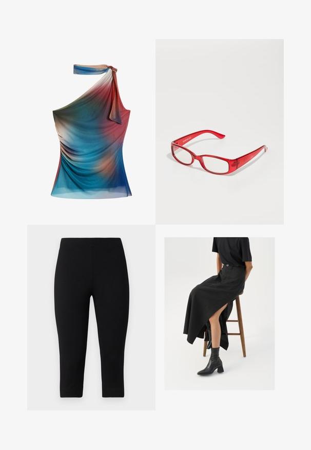 Asymmetrische top met één schouder in kleurverloop van blauw, rood en perzik, gemaakt van lichte, gestructureerde stof met gedrapeerde details.; Zwarte capri leggings gemaakt van rekbaar materiaal, met een aansluitende pasvorm en een gladde textuur, zonder opvallende patronen of accenten.; Zwarte linnen maxi rok met een hoge split, gedragen met een zwart T-shirt en zwarte enkellaarsjes. Minimalistisch ontwerp met een relaxte pasvorm.; Rode plastic bril met een rechthoekig montuur, heldere glazen en slanke pootjes. Het merkembleem "even&odd" is op de poot geperst.