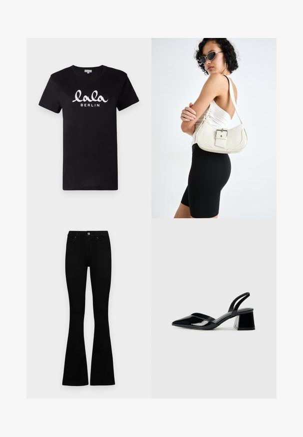 T-shirt de algodão preta com mangas curtas, apresentando o texto branco "lala BERLIN" em fonte cursiva na parte frontal. Design clássico de gola redonda.; Jeans pretos em corte flared feitos de denim. Apresentam um fecho de botão, cinco bolsos e uma textura suave. A perna flared começa abaixo do joelho.; Sandy em verniz preto com salto slingback, ponta afilada e salto geométrico. Apresenta um design elegante e minimalista com textura suave.; Bolsa de couro branca com um formato curvado, alça ajustável e um pequeno detalhe de fivela. Modelo usa um traje preto ajustado.