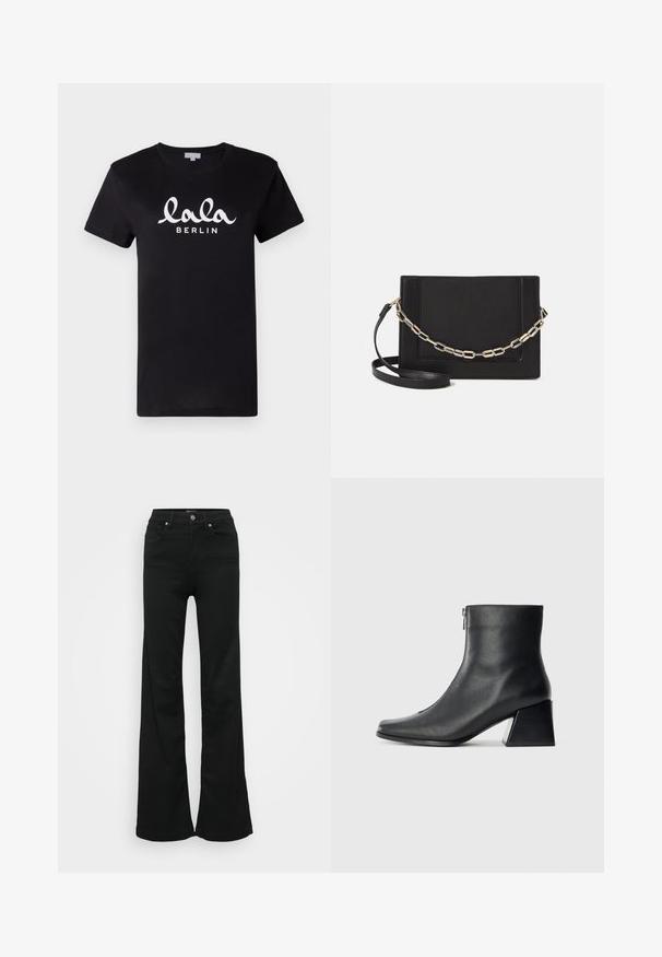 Must musta T-särk lühikeste varrukatega, millel on valge kiri "lala BERLIN" kursiivkirjas rinna kohal. Klassikaline ümmargune kaelus.; Mustad laiad teksapüksid, valmistatud denimist, kõrge vöökoht, viis taskut ja metallist nööpkinnitus. Sujuv tekstuur väheste detailidega.; Must musta ankle bot, mille ruudukujuline varvas, külgriiv ja plokk-konts, heledal taustal.; Mustast nahast õlakott, mis omab siledat tekstuuri, ristküliku kuju ning esiküljel metallketi detaili. Reguleeritav rihm on kaasas.