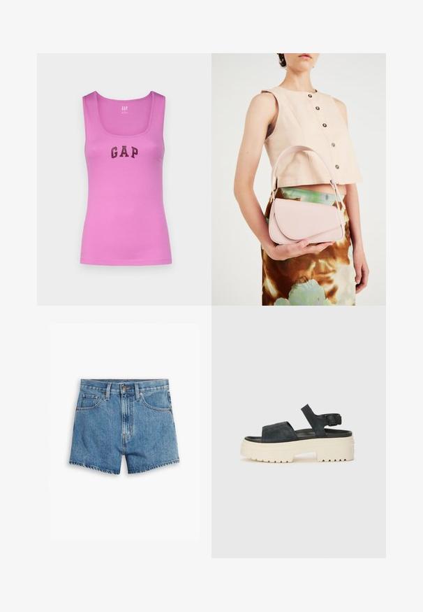 GAP TANK - Tops - budding lilac; Gaiši zili džinsu šorti, kas aprīkoti ar piecām kabatām, rāvējslēdzēja aizdari un pogu aizdari. Apakšmala ir saplēsta, un izskats ir brīvs.; Melnas zamšādas platformas sandales ar masīvu baltu zoli, plašu priekšējo siksnu un regulējamu potītes sprādzi. Rievojuma zole labākai saķerei.; Rozā ādas rokassoma ar izliekto vāku, vienu plecu siksnu un vienkāršām līnijām. Soma izceļas ar gludu tekstūru un minimālistisku dizainu.