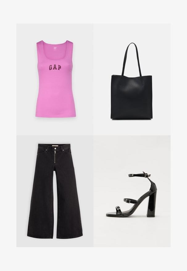 GAP TANK - Felső - budding lilac; Fekete denim széles szárú farmer, cipzáros elejével, öt zsebes kialakítással és diszkrét varrással. Sima textúra és laza stílus.; Fekete lakk magas sarkú szandál négyzet alakú orral, bokapántokkal és ezüst csatokat tartalmaz. Masszív blokk sarka a stabilitásért felel.; Fekete bőrtáska sima felszínnel, téglalap alakú, két hosszú füllel. Nincs látható fémkiegészítő vagy díszítés.