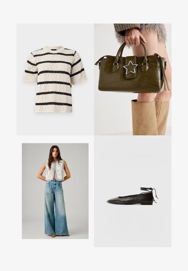 Adīta īsām piedurknēm svītra, kas izgatavota no krēmkrāsas pamatnes ar melnām horizontālām svītrām, ar teksturētu rakstu un apaļu kakla izgriezumu.; Sieviete, ģērbta bezpiedurkņu baltā ziedu raksta vestē, apvienota ar augsto jostasvietu platām izbalējušām zilām biksēm un brūnām kurpēm, stāv ar rokām aiz muguras.; Melnas ādas baleta kurpes ar smailu purngalu, potītes saitēm un plakanu zoli, kas izceļas ar gludu tekstūru un minimālistisku dizainu.; Olive zaļš mākslīgās ādas rokassomu ar sudraba zvaigznes akcentu, divām rokturiem un rāvējslēdzēja aizdari. Strukturēta forma un teksturēta virsma.