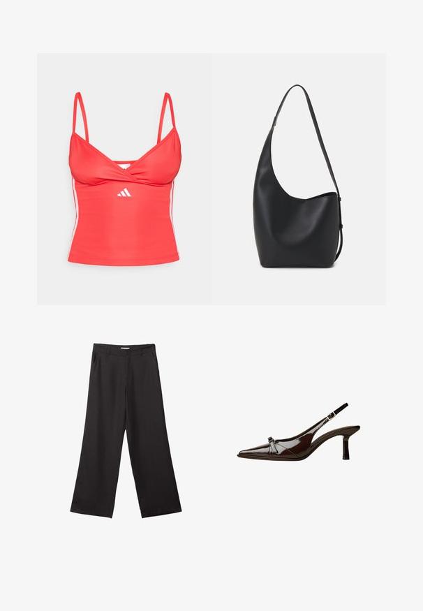 Röd träningslinne med tunna remmar, med ett överlappande design vid bysten och vita sidopaneler, tillverkat av ett mjukt, elastiskt material.; Svarta vida byxor i slät väv, med dragkedja fram och två sidofickor, med skräddarsydd passform och minimalistisk design.; Brun lackläder slingback-sko med spetsig tå, låg klack och en dekorerande rosett på framsidan. Slät, glansig yta.; Svart läder hobo-väska med en slät textur, kurvig form och en justerbar axelrem; har en bred öppning upptill.
