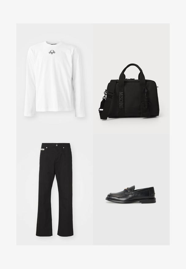 Camisa blanca de manga larga de algodón, con un cuello redondo y un pequeño diseño gráfico negro en el centro, con mangas con puños.; Pantalones de algodón negros con un diseño de pierna recta, que presentan un cierre frontal con botón, dos bolsillos laterales y una pequeña etiqueta de la marca en la cintura.; Mocasines de cuero negro con punta redonda, detalles de costura y un pequeño acento dorado en la parte frontal. La suela es plana y discreta.; Bolsa textil negra con asas dobles y correa de hombro desmontable. Presenta un logo en relieve y una etiqueta de cuero. Textura suave, forma rectangular.