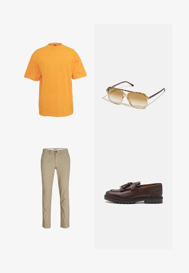 Oranžové bavlnené tričko s okrúhlym výstrihom, krátkymi rukávmi a voľným strihom. Bez vzorov alebo akcentov. Hladká textúra.; Béžové bavlnené nohavice so štíhlym strihom, s predným zipsom, zapínaním na gombík a štyrmi vreckami. Hladká textúra, bez vzorov alebo akcentov.; Zign Elegantné našuchovačky - brown; Slnečné okuliare s korytnačkovým vzorom, obdĺžnikovým rámom, hnedými gradientnými šošovkami a štíhlymi čiernymi ramenami s jemnými akcentmi loga.