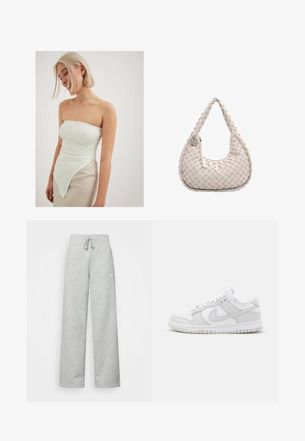 Balta bezpiedurkņu blūze ar teksturētu ribu, kurai ir asimetriska apakšmalu, kas izplešas uz vienu pusi, apvienota ar gaiši bēšu svārkiem.; Pelēkas sporta bikses ar elastīgu jostasvietu, aukliņu detalizācijām un mazu baltu Nike logotipu kreisajā augšstilbā. Mīksta auduma, brīvi pieguļošas.; Balti ādas sporta apavi ar pelēkiem akcentiem, perforētu purngalu, plakaniem šņorēm, mīkstu apkakli un strukturētu gumijas zoli.; Auduma bēšs rokassoma ar izliekta formu, plecu siksnu un rāvējslēdzēja aizdari. Iezīmēta ar mazu metālisku birku un gludu tekstūru.