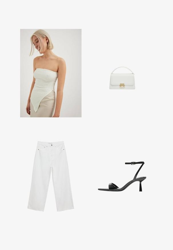 Bela top brez naramnic z teksturiranim žametenjem, ki ima asimetričen rob, ki se podaljša na eno stran, v kombinaciji z svetlo bež krilom.; Bele široke hlače iz denima, visoke pasu, z petimi žepi in kovinskimi dodatki. Gladek tekstur, brez vidnih vzorcev.; Bershka Sandali z visoko peto - black; Bela usnjena torbica s strukturirano zasnovo, ki ima ročaj na vrhu in zaponko v zlatem tonu. Gladka tekstura in minimalistični detajli.