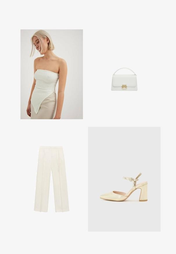 Biela bezramenná blúzka s textúrovaným rebrovaním, s asymetrickým lemom, ktorý sa predlžuje na jednu stranu, v kombinácii so svetlo béžovou sukňou.; Široké nohavice vo svetlej krémovej farbe. Vyrobené z hladkej látky s skladmi vpredu a bočnými vreckami.; Zlaté metalické topánky na opätku s špicatou špičkou, pásikom okolo členka s kruhovou sponou a robustným dizajnom opätku. Hladká textura.; Biela kožená kabelka so štruktúrovaným dizajnom, vybavená hornou rukoväťou a zlatou sponou. Hladká textúra a minimalistické akcenty.