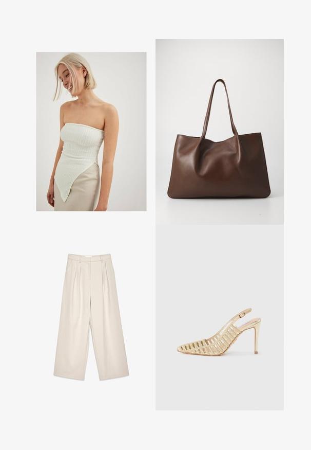 Bela top brez naramnic z teksturiranim žametenjem, ki ima asimetričen rob, ki se podaljša na eno stran, v kombinaciji z svetlo bež krilom.; Bež hlače širokega kroja z plitvami, ki imajo gladko teksturo in zanke za pas. Šivana rez, ki nudi ohlapen fit okoli nog.; Zlati slingback visok petni čevelj, s perforiranim dizajnom, špicastim nosom in gladko teksturo z metalnim zaključkom.; Brezbarvna usnjena torba z mehko, upogljivo zasnovo. Ima dve dolgi ročaji in gladko teksturo brez vidne kovinske opreme ali vzorcev.