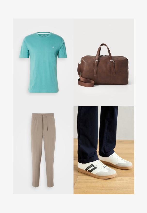 Türkiz színű, rövid ujjú póló, pamutból készült, kerek nyakkivágással és egy kis fehér "M OP" logóval a mellkasán. Sima textúra.; Világos bézs nadrág, rugalmas derékkal, állítható húzózsinórral és tapered lábakkal. Az anyag simának tűnik, enyhe fénylással.; Fehér és szürke sportcipők fekete csíkokkal, bőrből készültek, gumitalppal és lapos fűzővel. Tengerészkék nadrággal viselik egy fa padlón.; Barna bőr sporttáska tetején lévő fogantyúkkal, levehető pánttal, cipzáros záródással és sima textúrával. Minimalista dizájn, látható logók nélkül.